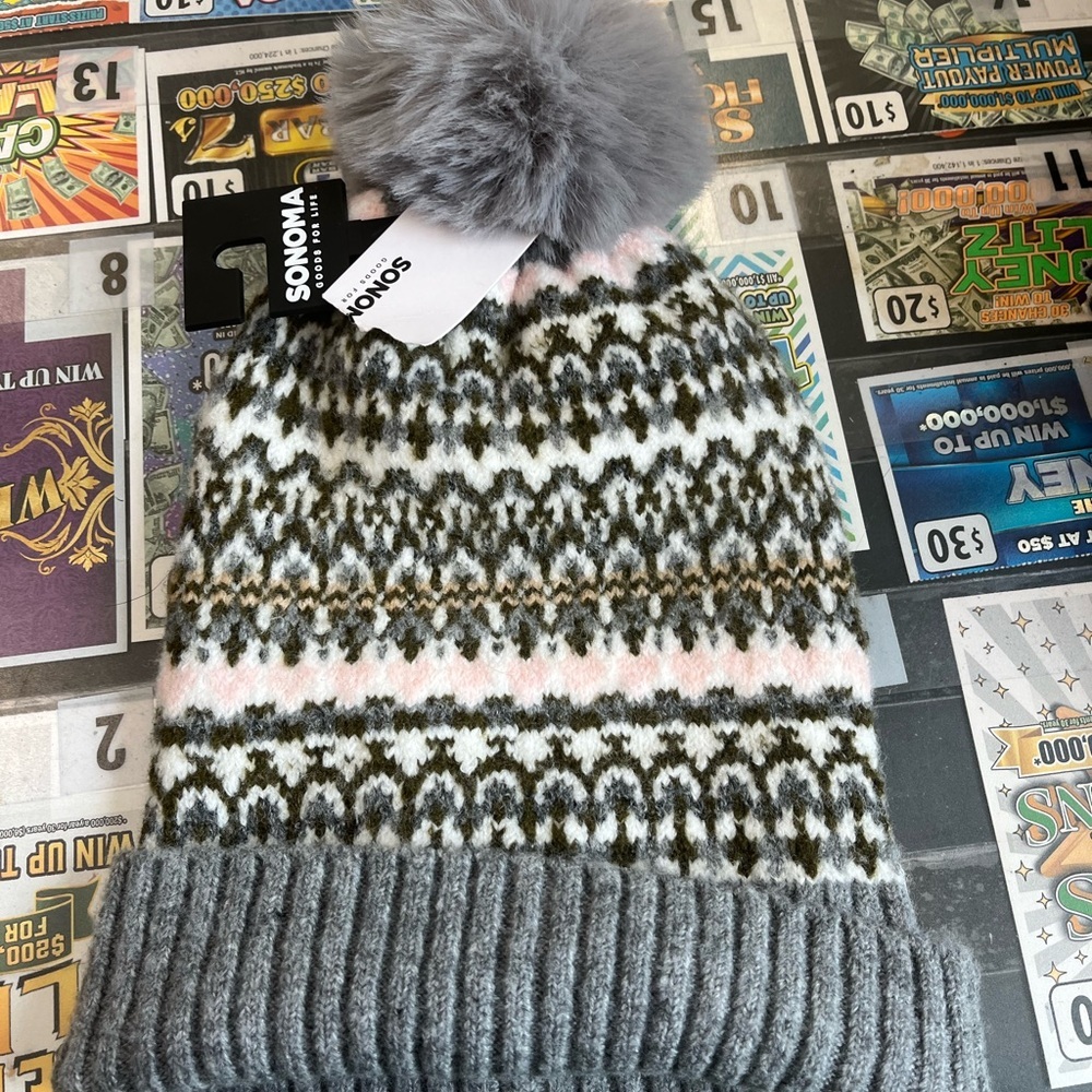 Kohl's Olive, Gray & Pink Fair Isle Pom Knit Beanie